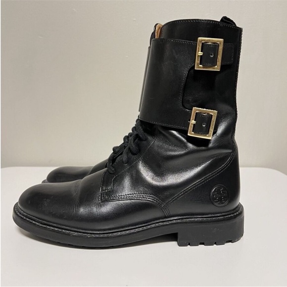 Tory Burch Black Leather Boots with Gold Buckles - Picture 1 of 13